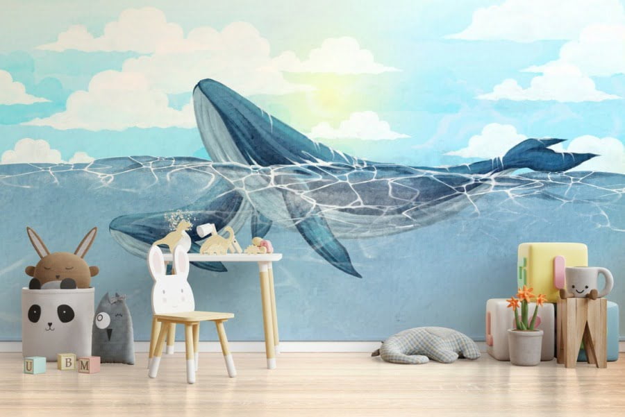 Fototapeta z małym i dużym wielorybem pływającym w morzu Dwa Wieloryby Dla Dziecka - główne zdjęcie produktu