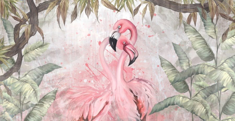 Fototapeta z parą flamingów w tropikach Flamingi w Objęciach do sypialni - zdjęcie numer 2