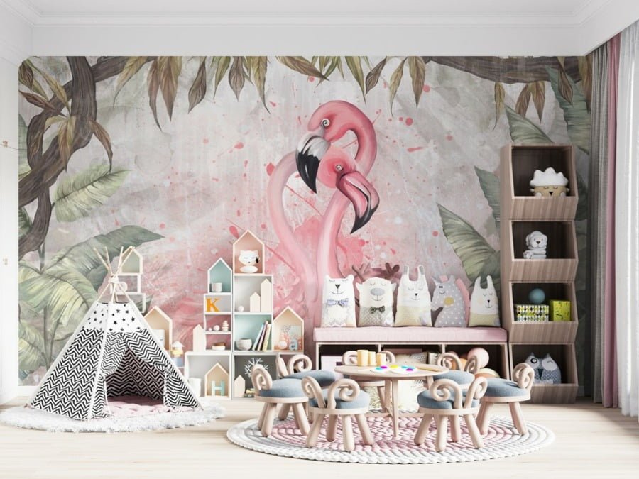 Fototapeta z parą flamingów w tropikach Flamingi w Objęciach do sypialni - główne zdjęcie produktu