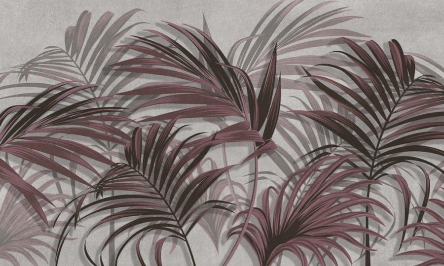 Fototapeta z bordowymi liśćmi palmy na szarym tle Las z Liści Palmy - zdjęcie numer 2