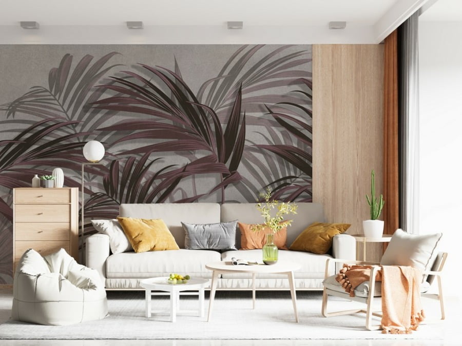 Fototapeta z bordowymi liśćmi palmy na szarym tle Las z Liści Palmy - główne zdjęcie produktu