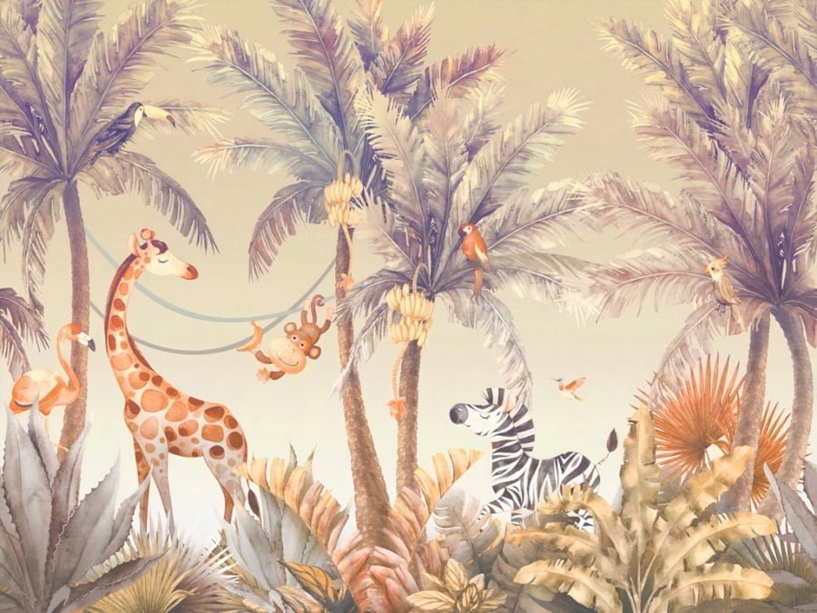 Fototapeta z kolorowymi zwierzętami w tropikach Wesołe Zwierzątka w Dżungli do pokoju dziecięcego - zdjęcie numer 2