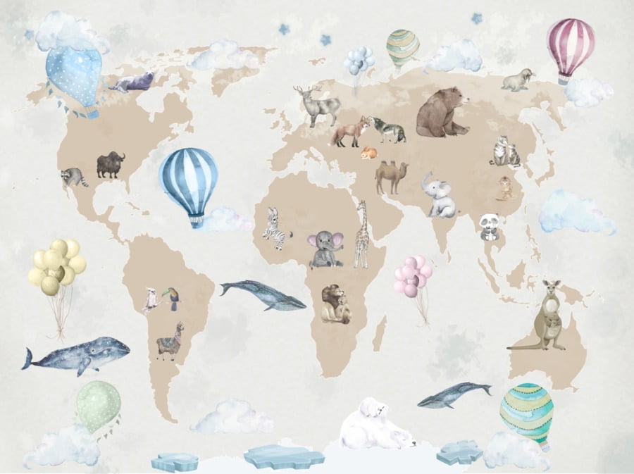 Fototapeta z kolorowymi zwierzątkami i balonami na mapie Zwierzątka Na Mapie Świata do pokoju dziecięcego - zdjęcie numer 2