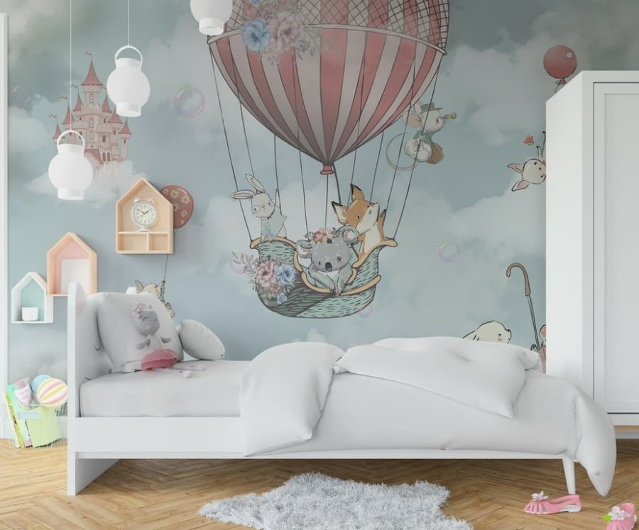 Fototapeta ze zwierzątkami latającymi w chmurach Zwierzątka w Kolorowym Balonie do pokoju dziecięcego - główne zdjęcie produktu