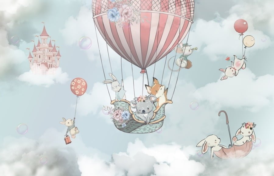 Fototapeta ze zwierzątkami latającymi w chmurach Zwierzątka w Kolorowym Balonie do pokoju dziecięcego - zdjęcie numer 2