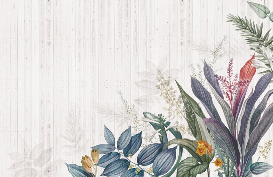 Fototapeta z kolorowymi roślinami na ścianie z jasnych desek Bukiet Niebieskich Liści - zdjęcie numer 2