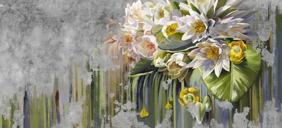 Fototapeta z białymi kwiatami na szarym tle Bukiet Białych Lilii Wodnych do sypialni - zdjęcie numer 2