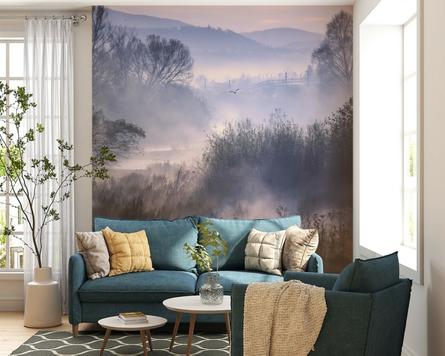Fototapeta z górskim krajobrazem Ciepła Leśna Mgła do salonu - główne zdjęcie produktu
