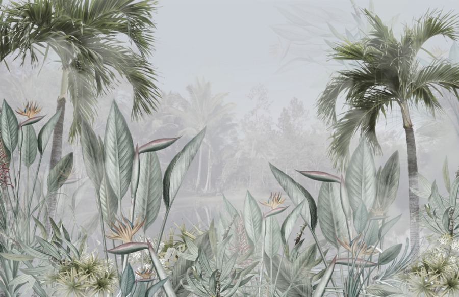 Fototapeta z roślinami tropikalnymi za mgłą Egzotyczne Kwiaty i Palmy We Mgle do salonu - zdjęcie numer 2
