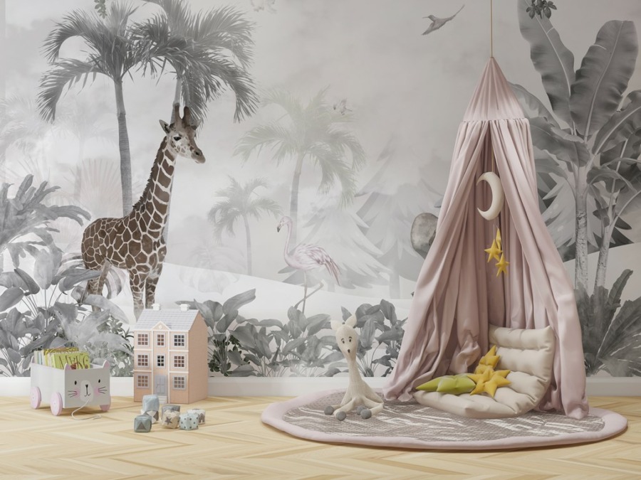 Fototapeta z żyrafą i słoniem w szarości i bieli Egzotyczne Zwierzęta We Mgle Dla Dzieci - główne zdjęcie produktu