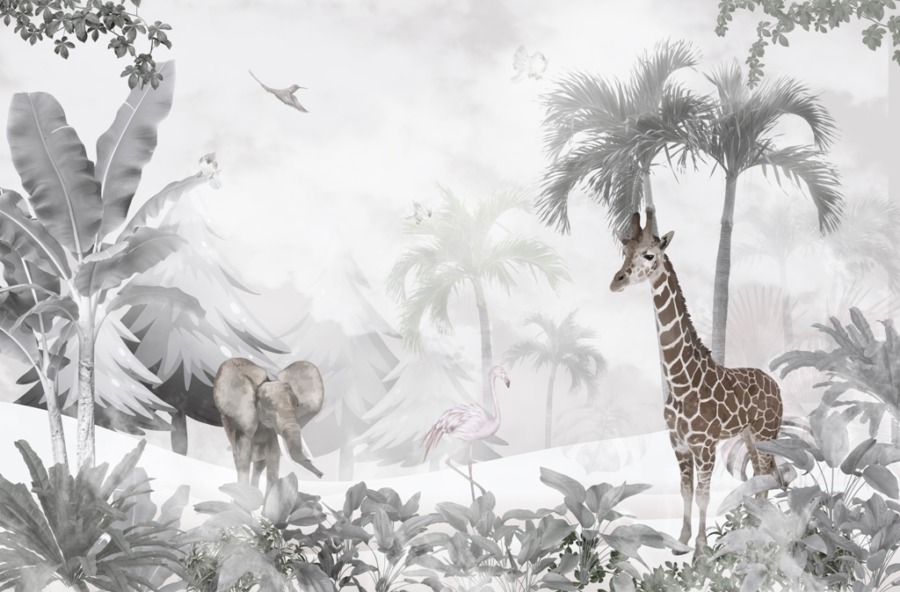 Fototapeta z żyrafą i słoniem w szarości i bieli Egzotyczne Zwierzęta We Mgle Dla Dzieci -zdjęcie numer 2