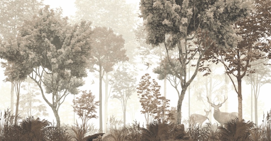 Fototapeta z dzikimi zwierzętami w leśnej głuszy spowitej mgłą Jelenie w Ciemnym Lesie do salonu - zdjęcie numer 2