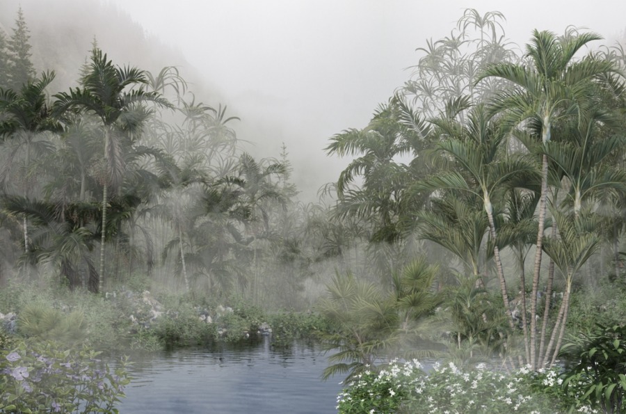 Fototapeta z tropikalnym krajobrazem we mgle Jezioro Wśród Egzotycznych Kwiatów do sypialni - zdjęcie numer 2
