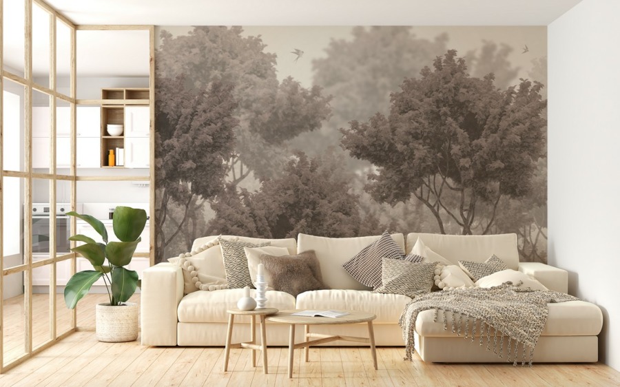 Fototapeta z przestrzenną ilustracją górnych partii drzew liściastych w odcieniach czekolady Korony Drzew do salonu - główne zdjęcie produktu