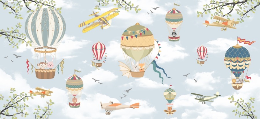 Fototapeta z kolorowymi balonami i samolotami Latające Zwierzątka Wśród Chmur dla dzieci - zdjęcie numer 2