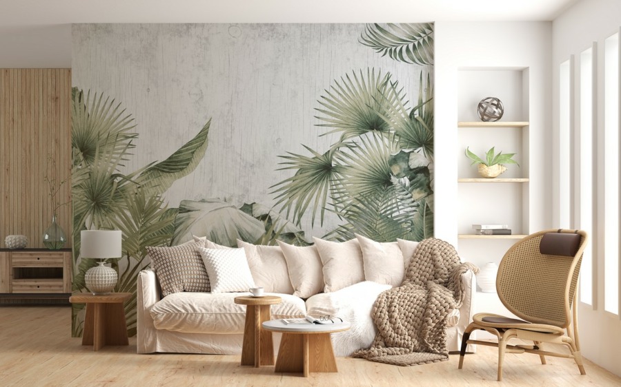 Fototapeta z egzotycznymi roślinami w szarości Liście Palmowe Na Szarym Tle - główne zdjęcie produktu