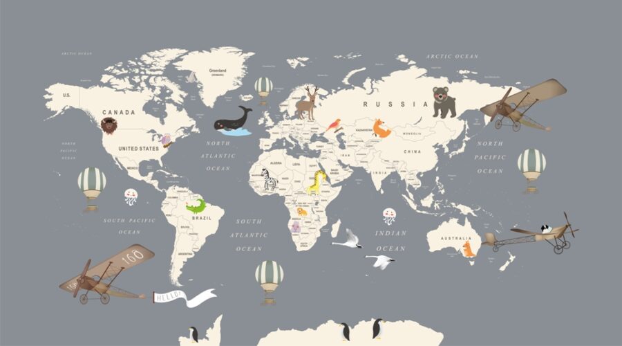 Fototapeta z rozmieszczeniem zwierząt na kontynentach Mapa Świata Dla Dzieci - zdjęcie numer 2