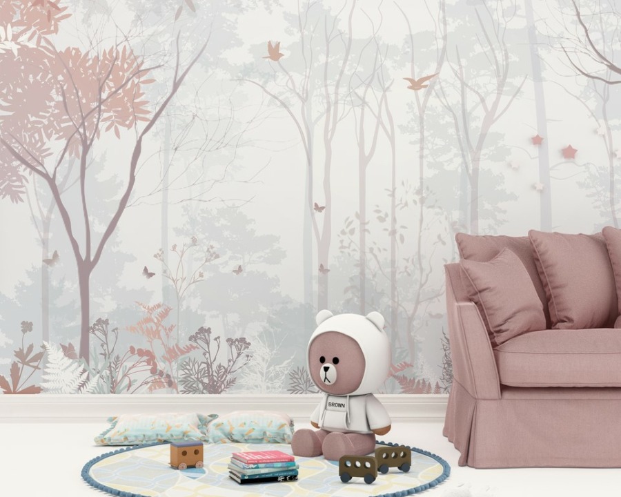 Fototapeta z lasem w jasnych i pastelowych kolorach Różowy las do pokoju dziecięcego - główne zdjęcie produktu
