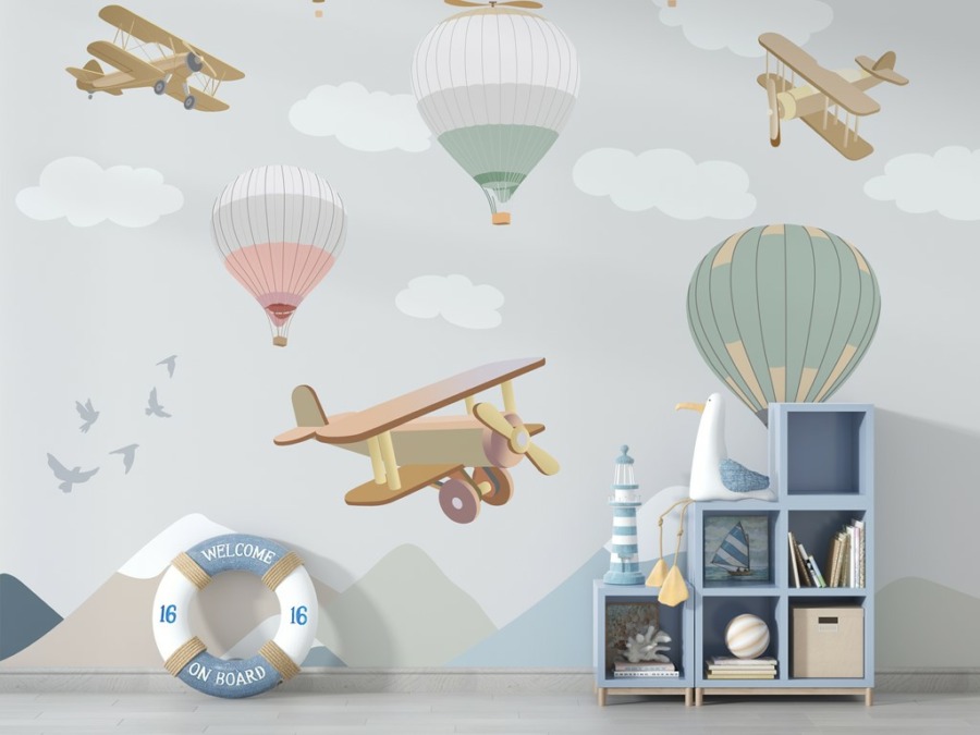 Fototapeta w pastelowych kolorach Samoloty i Balony Dla Dziecka - główne zdjęcie produktu