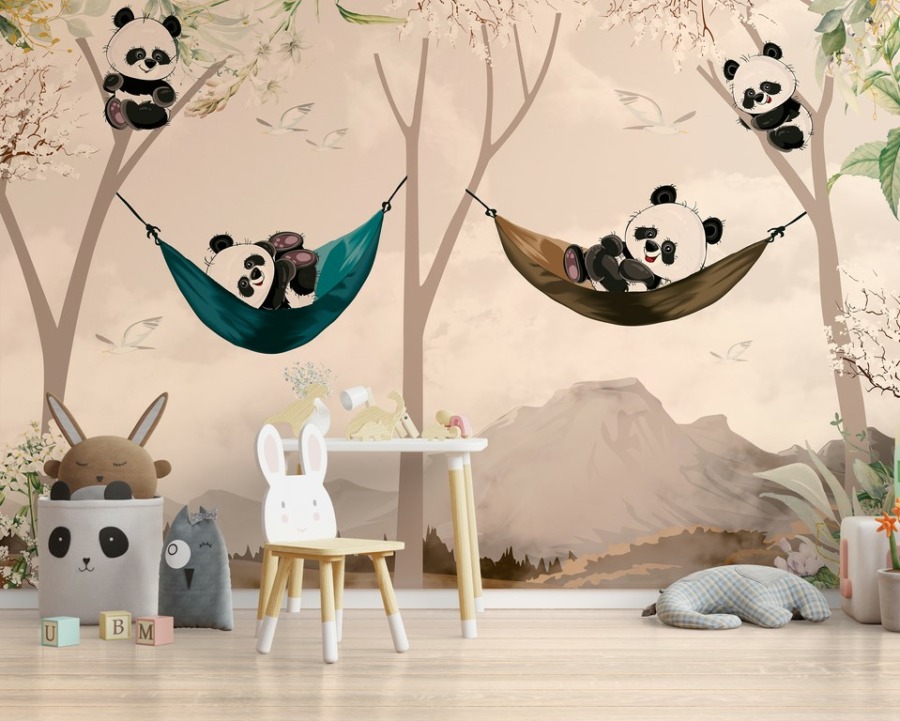 Fototapeta w ciepłych kolorach zachodzącego Słońca Wesołe Misie Panda do pokoju dziecięcego - główne zdjęcie produktu