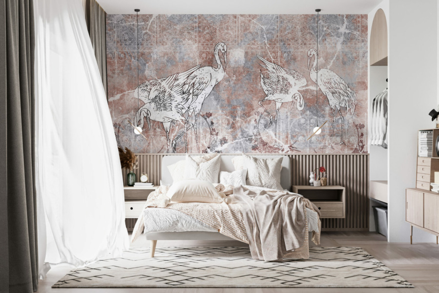 Fototapeta z egzotycznym motywem na niejednorodnym tle Cztery Białe Ptaki do sypialni - główne zdjęcie produktu