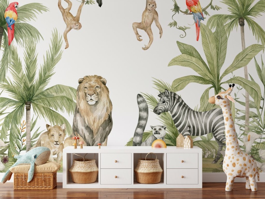 Fototapeta z tropikalną dżunglą w delikatnych barwach Kolorowe Dzikie Zwierzęta - główne zdjęcie produktu