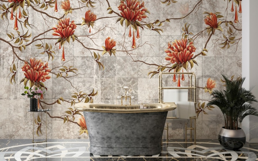 Fototapeta z rudymi kwiatami w szarości Kwitnące Drzewo Na Kafelkach do łazienki - główne zdjęcie produktune zdjęcie produktu