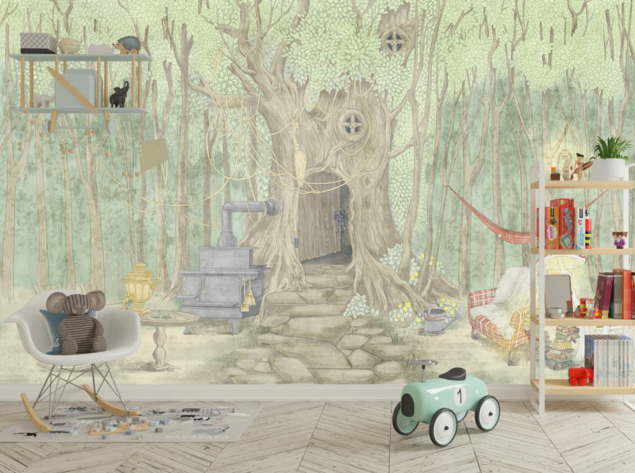 Fototapeta z bajkowym motywem leśnym w delikatnych kolorach Leśny Domek dla dzieci - główne zdjęcie produktu