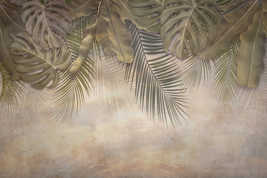 Fototapeta z liśćmi palmy w świetle zachodzącego słońca Motyw Tropikalny w Ciepłym Świetle - zdjęcie numer 2