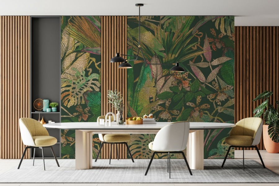 Fototapeta w odcieniach różu i zieleni Mozaika Egzotycznych Liści do salonu - główne zdjęcie produktu