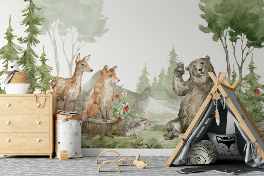Fototapeta z leśnymi zwierzętami w delikatnych kolorach Pozdrowienia Misia dla dzieci - zdjęcie główne produktu