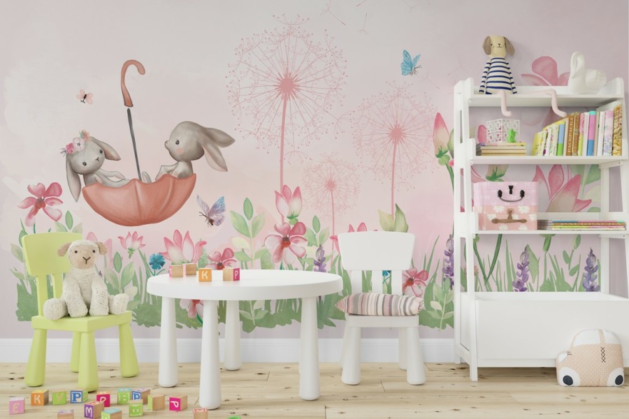Fototapeta z kwiatami i wesołymi króliczkami Różowa Łąka Dla Dzieci - główne zdjęcie produktu