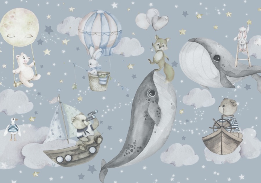 Fototapeta z ilustracją w odcieniach błękitu Wieloryby w Chmurach dla dzieci - zdjęcie numer 2