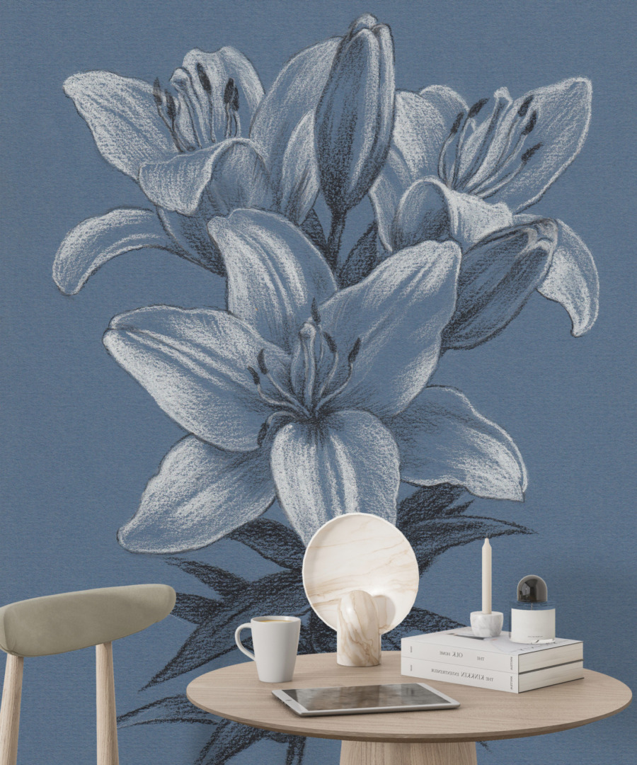 Fototapeta z rysunkiem kwiatu w rozkiwicie Kwiat Lilii w Błękicie - główne zdjęcie produktu