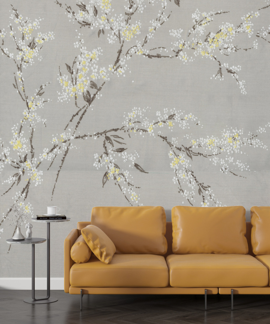 Fototapeta z kwitnącym drzewem na szaro-niebieskim tle Biel Wiosennych Kwiatów - główne zdjęcie produktu