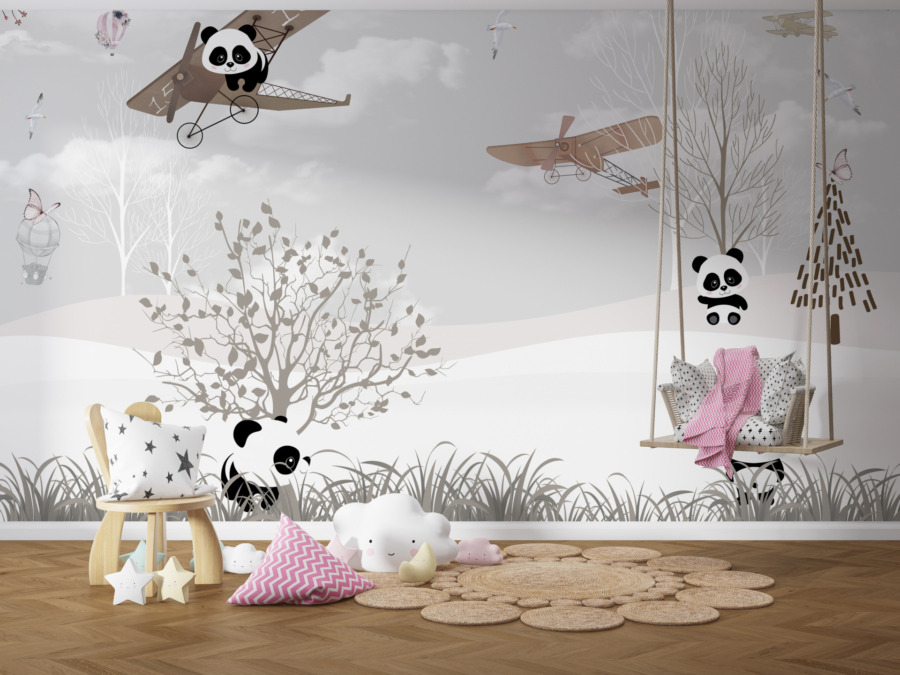 Fototapeta z szarym niebem, samolotem i misiami Panda w Samolocie Dla Dzieci - główne zdjęcie produktu