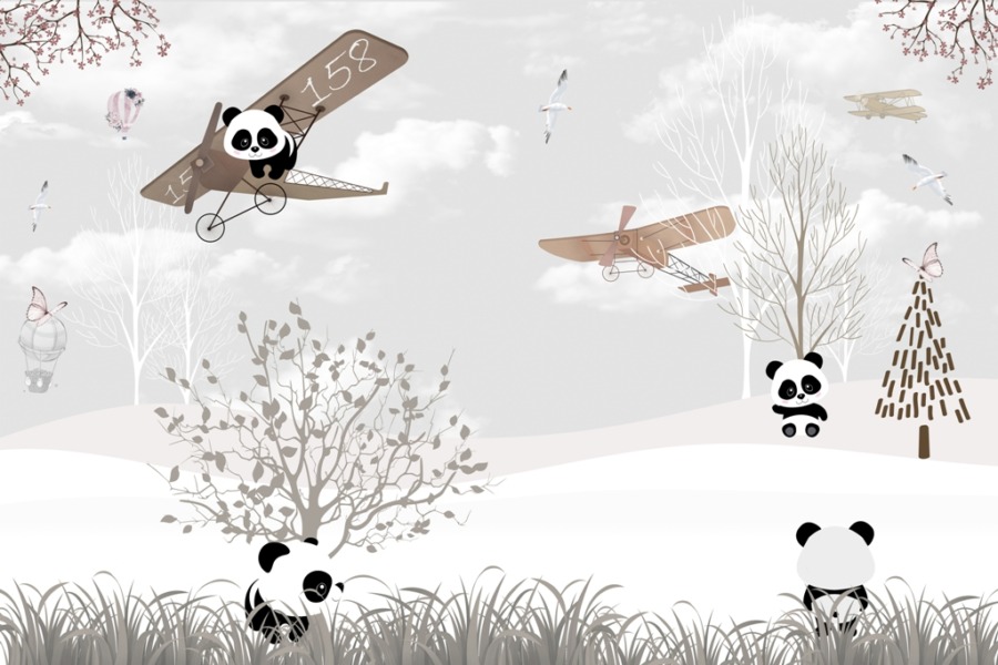 Fototapeta z szarym niebem, samolotem i misiami Panda w Samolocie Dla Dzieci - zdjęcie numer 2