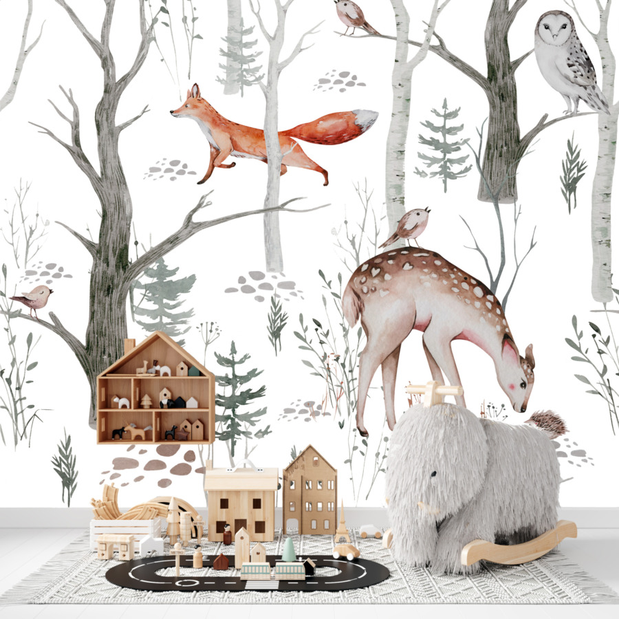 Fototapeta z zimowym leśnym krajobrazem dla dzieci Sarenka i Jeżyk - główne zdjęcie produktu