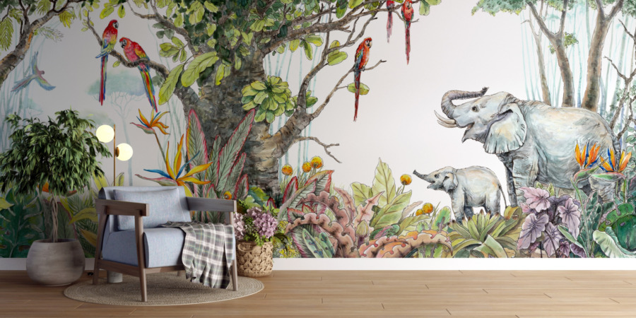 Fototapeta z egzotycznymi zwierzętami i roślinami Słonie w Kolorowej Dżungli - główne zdjęcie produktu