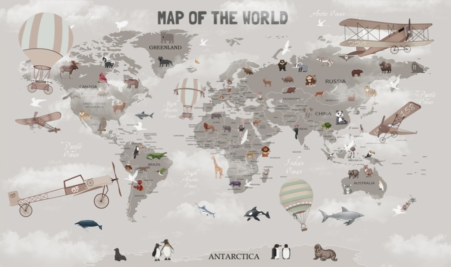 Fototapeta dla dzieci i młodzieży z mapą świata zwierzętami i maszynami latającymi Szara Mapa Świata - zdjęcie numer 2