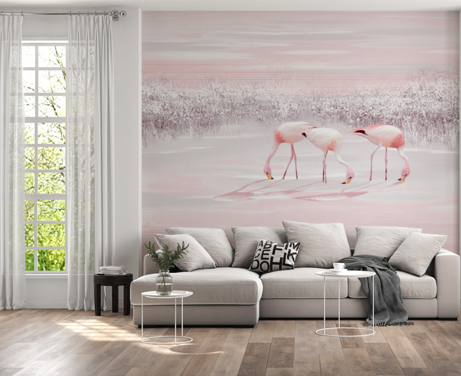 Fototapeta w różowych stonowanych odcieniach Trzy Flamingi - główne zdjęcie produktu