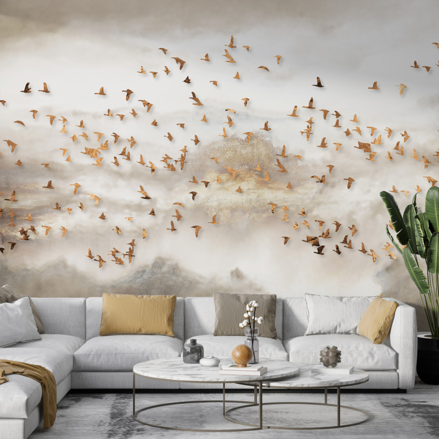 Fototapeta z ptakami fruwającymi na zamglonym niebie Złote Ptaki - główne zdjęcie produktu