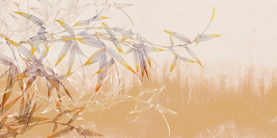 Fototapeta z motywem roślinnym w jasnych barwach Bambusowe Listki Na Morelowej Ścianie - zdjęcie numer 2