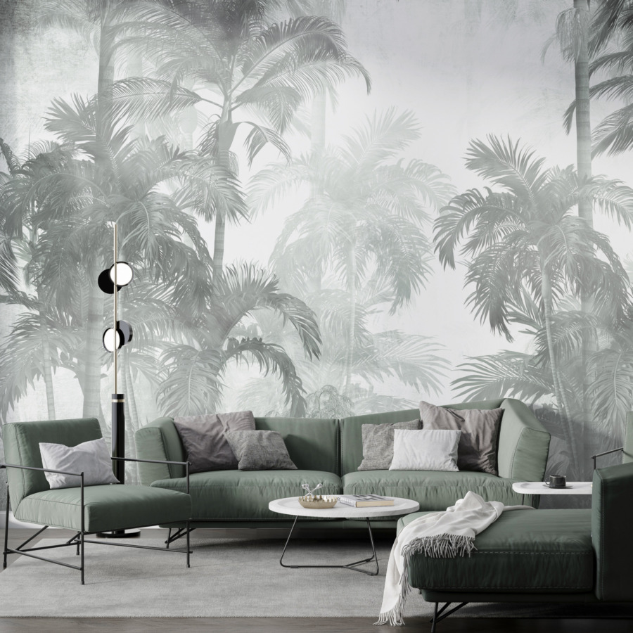 Fototapeta w egzotycznym klimacie i odcieniach szarości Mgła Wśród Palm - główne zdjęcie produktu