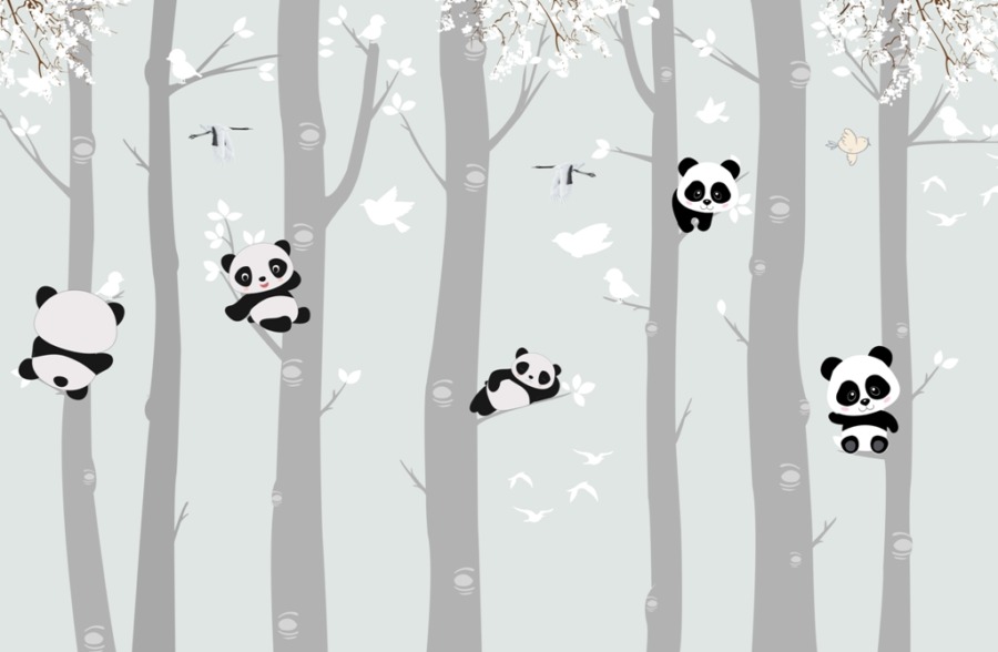 Fototapeta dla dzieci w stonowanych kolorach Misie Panda Na Drzewach - zdjęcie numer 2