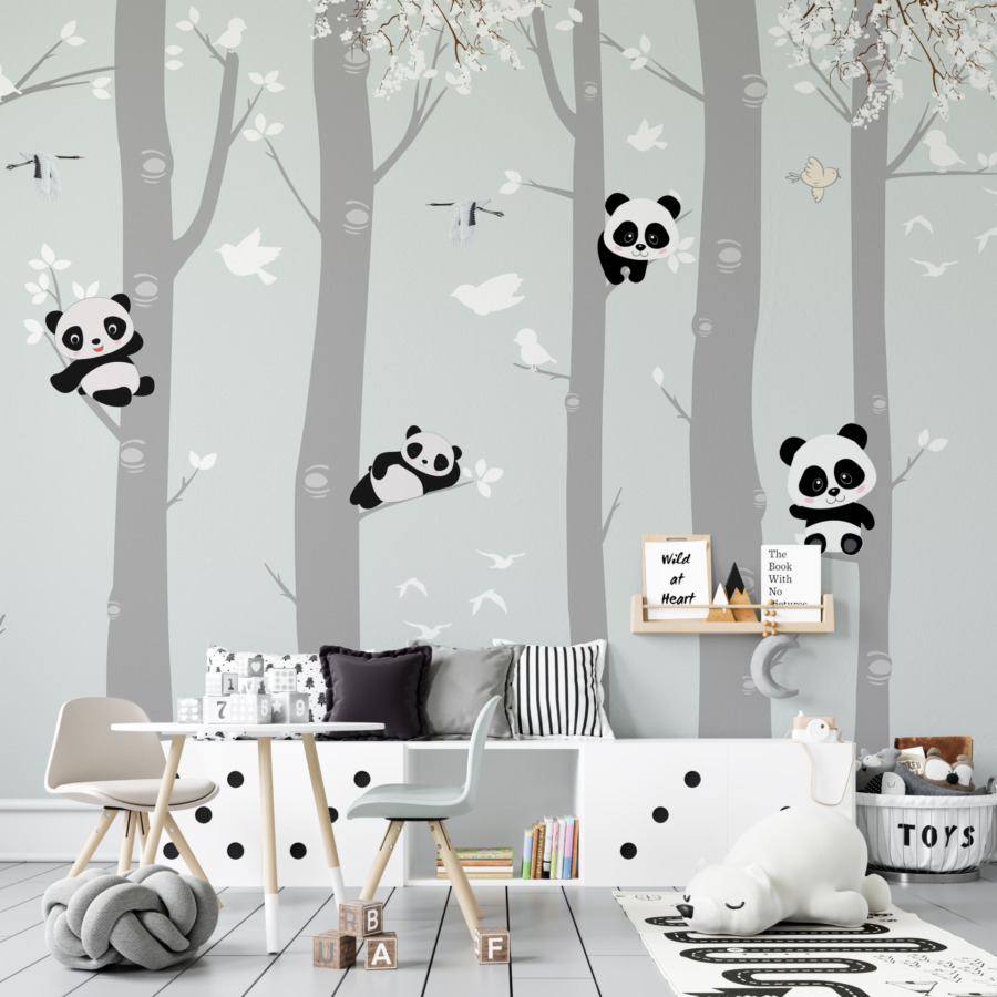 Fototapeta dla dzieci w stonowanych kolorach Misie Panda Na Drzewach - główne zdjęcie produktu