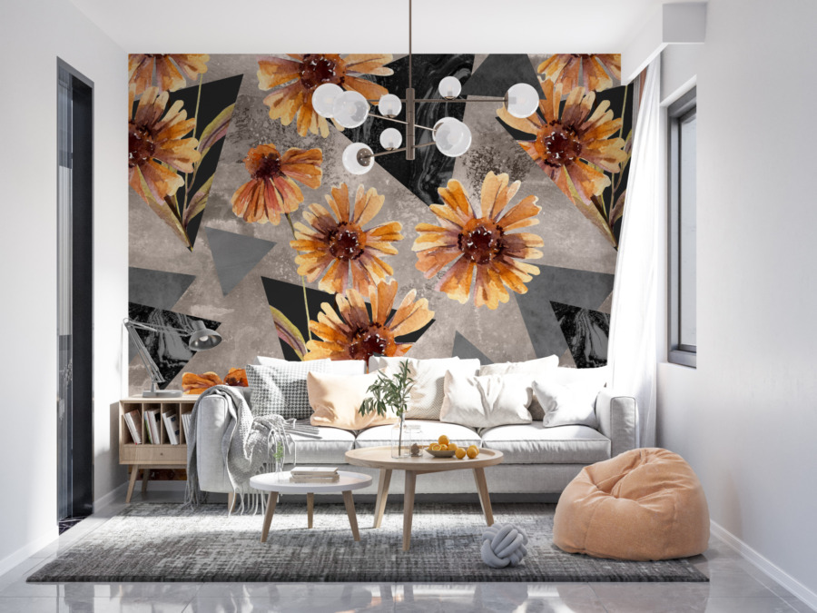 Fototapeta z abstrakcją w formacie 3D Pomarańczowe Kwiaty i Szare Trójkąty - główne zdjęcie produktu