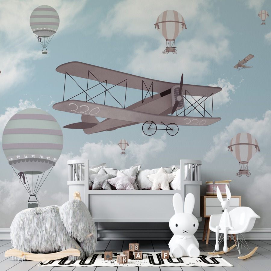 Fototapeta z aeroplanem i balonami na tle błękitnego nieba W Przestworzach - główne zdjęcie produktu
