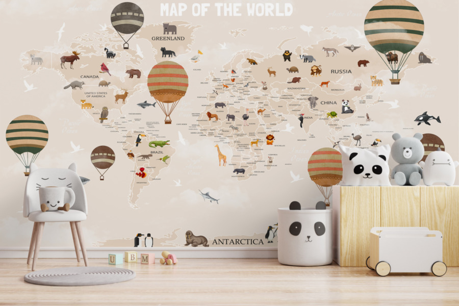 Fototapeta z kontynentalną mapą świata w ciepłych odcieniach ze zwierzętami i kolorowymi balonami powietrznymi Balonowa Mapa Świata - główne zdjęcie produktu