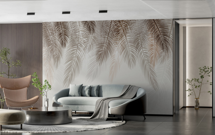 Fototapeta z grafiką liści palmy wąskolistnej w stonowanych kolorach Brązowe Liście - główne zdjęcie produktu
